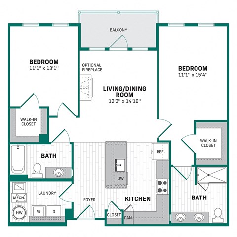 Floor plan for 2 beds, 2 baths, 1156 sqft